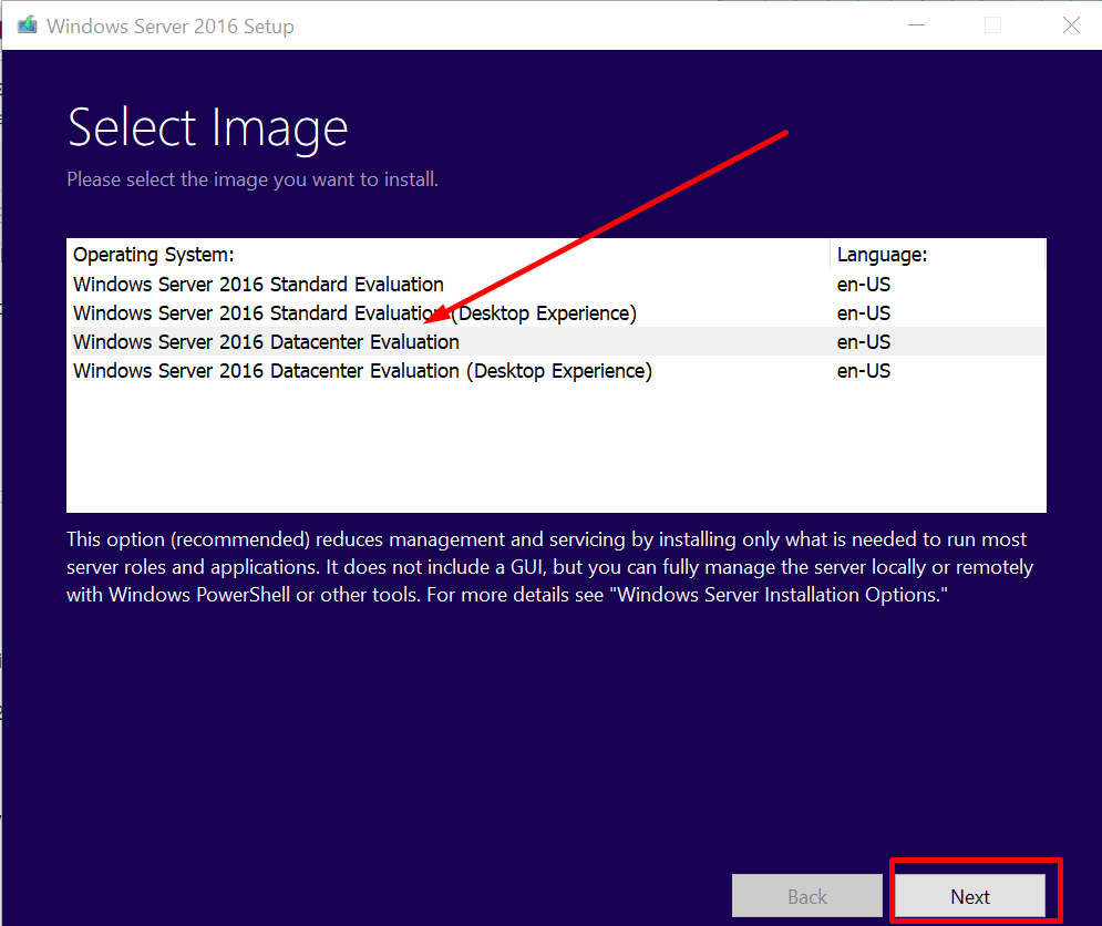 select Windows Server 2016 Datacenter Evaluation