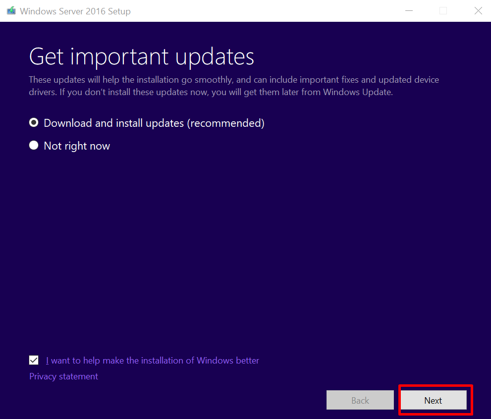 Windows Server setup program, choose Download and install updates