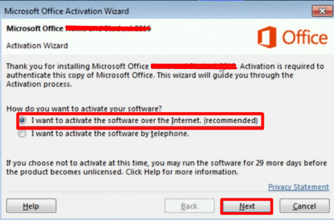 select I want to activate the software over the internet in Microsoft Office activation wizard