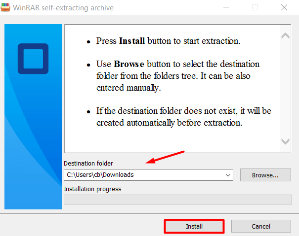 WinRAR installation destination selection screen
