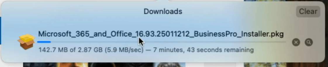 Office 2021 for Mac File downloading progress on computer