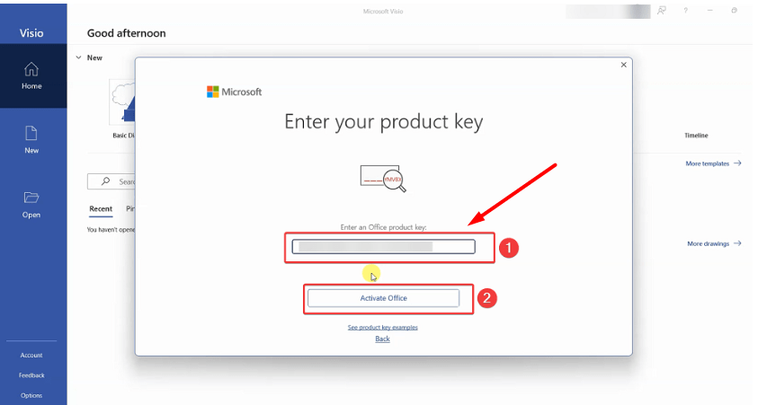 Microsoft Visio 2021 product key entry screen