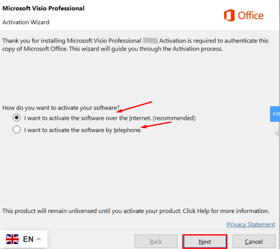 Microsoft Visio activation options displayed